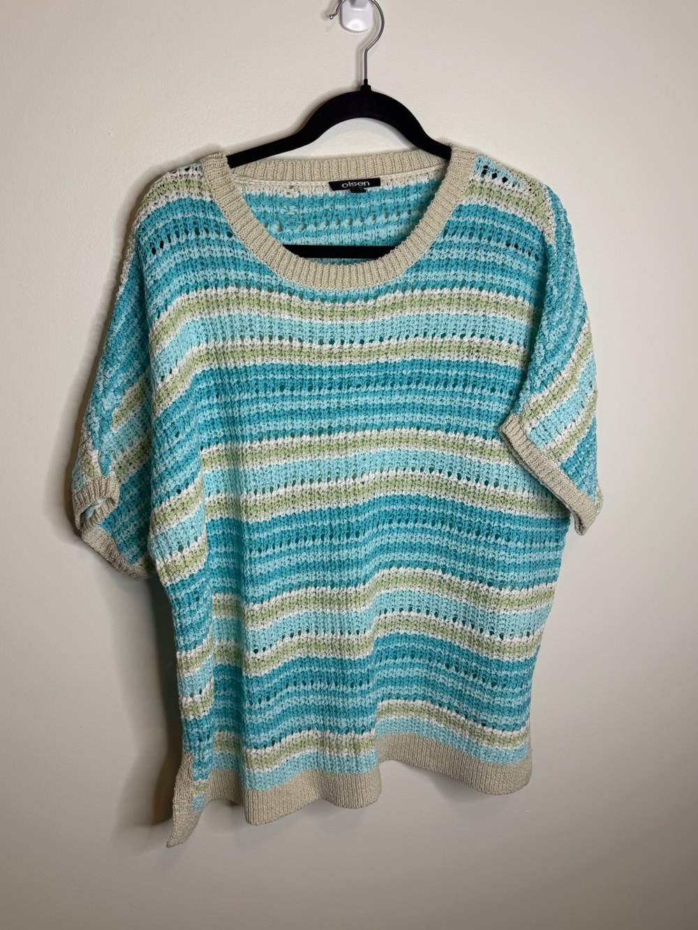 Olsen Striped Teal & Cream Short-Sleeve Knit Sweater size XL